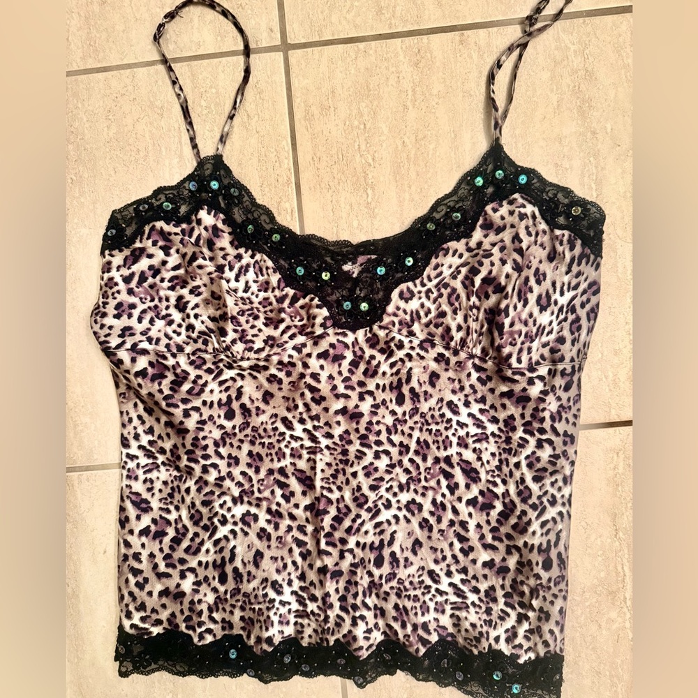 100% Silk Y2K Leopard Print Lace-Trim Cami Top in Purple/Black Sequins